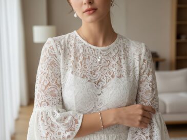 detailný záber bielej čipkovanej šaty so šperkami na modelke v minimalistickom interiéri